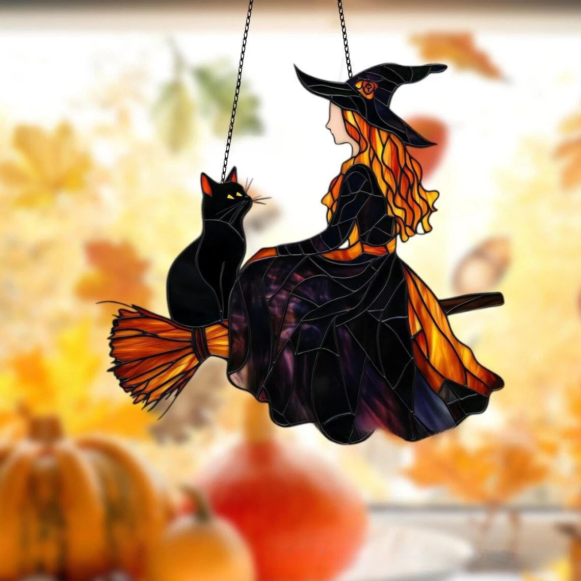 Acrylic Witch Ghost Black Cat Stained Glass Window Suncatcher