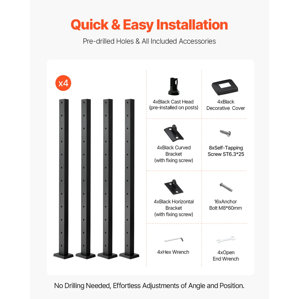 SucceBuy 4Pcs Cable Railing Post 42x1x2In Horizontal-Hole Post w/ Pre-Drilled Hole Stainless Steel w/ Horizontal Curved Bracket