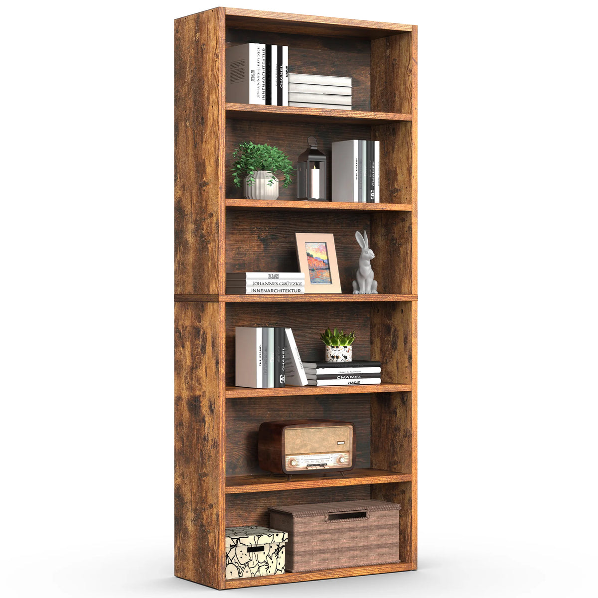 MCQ 6 Tier Wooden Bookcase Adjustable Open Storage Shelf