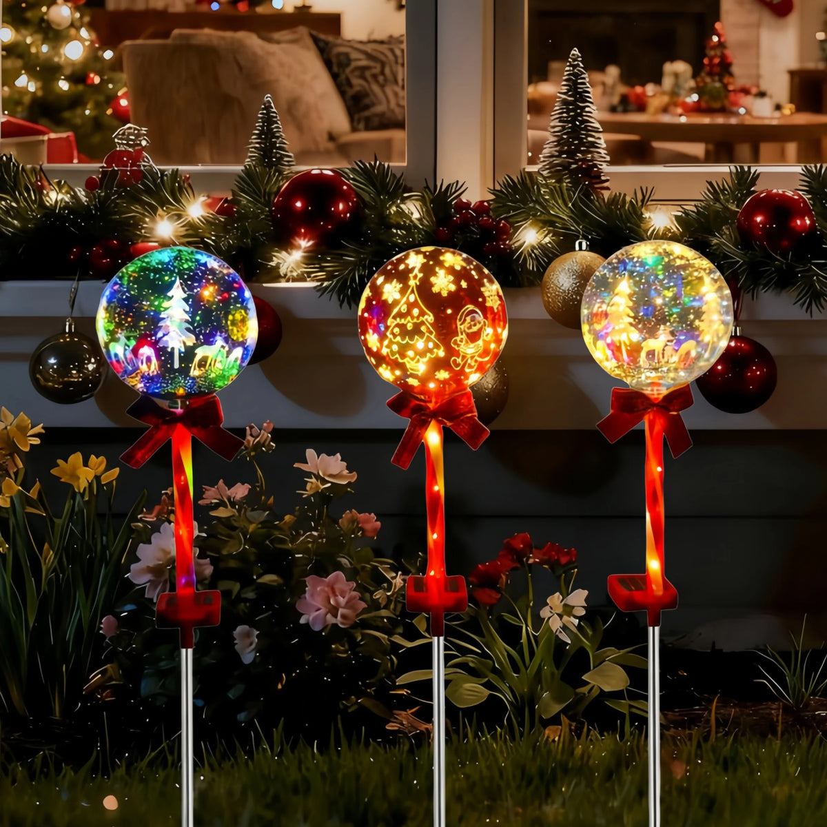 Solar Christmas Garden Ball Lanterns With Snowflake Elk Santa Decorations