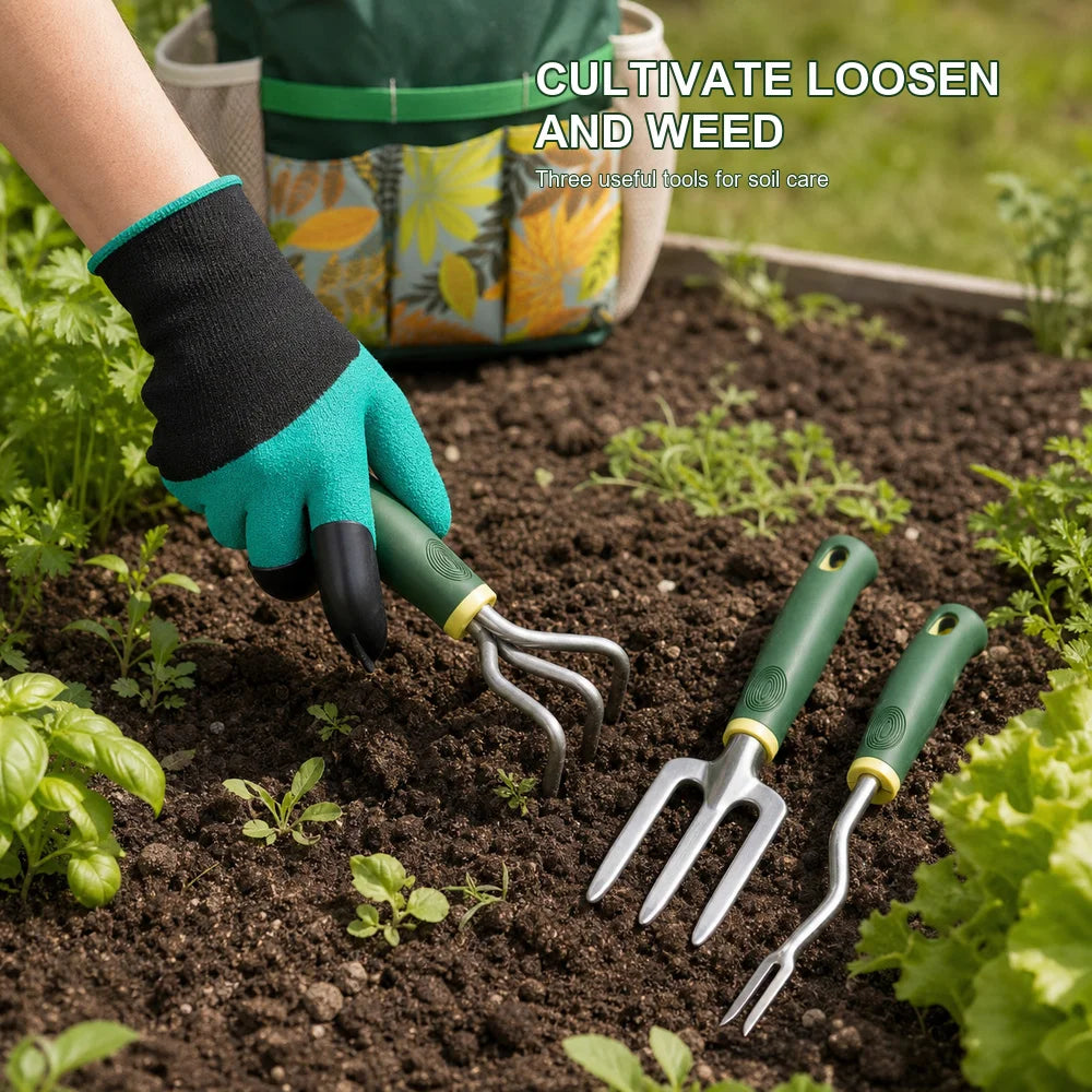 16 Piece Garden Tool Set Aluminum Alloy Gardening Hand Tools Kit with Floral Tote Bag Gloves Spray Bottle Plant Labels Twist Tie Trowel Transplanter Weeder Cultivator Hand Fork and Pruning Shears for Planting Weeding Pruning