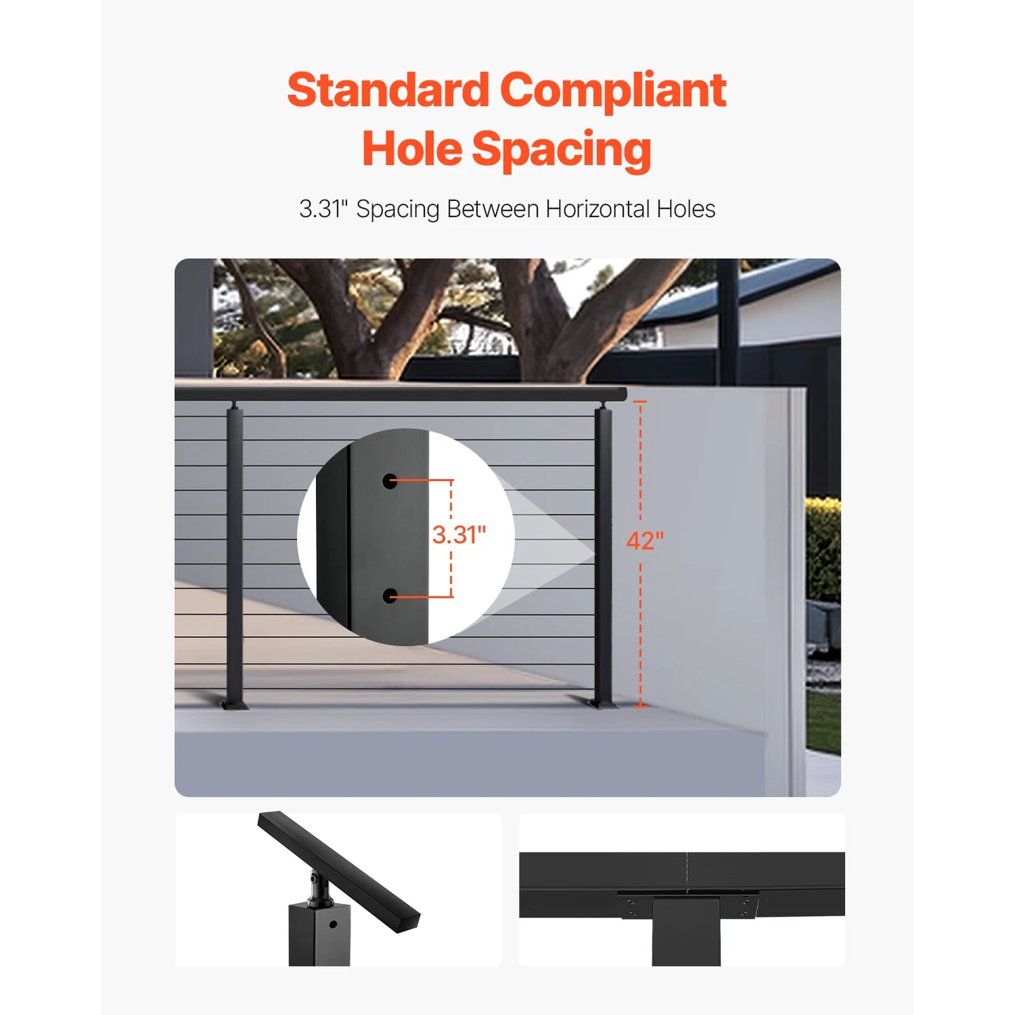 SucceBuy 4Pcs Cable Railing Post 42x1x2In Horizontal-Hole Post w/ Pre-Drilled Hole Stainless Steel w/ Horizontal Curved Bracket