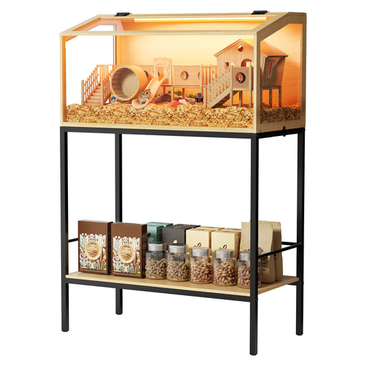 Wooden Hamster Cage With Tempered Glass Front And Storage Rack