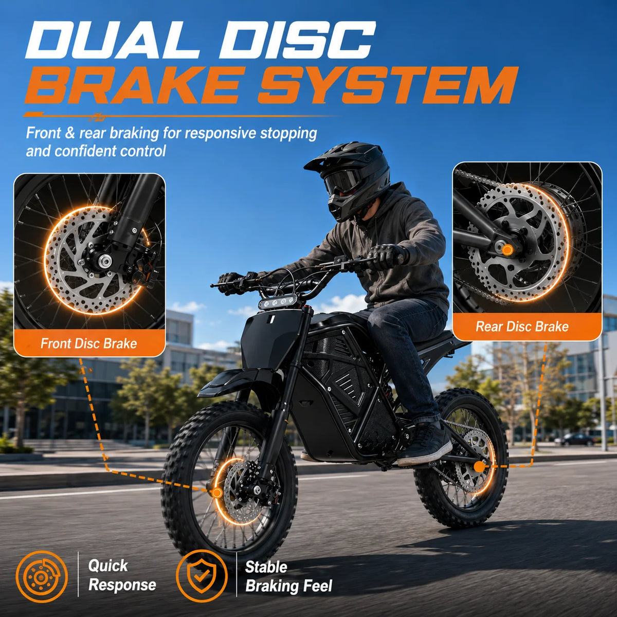 3000W Peak Power Electric Dirt Bike 48V 20.8Ah - 38MPH High Speed Off-Road E-Motorcycle with Dual Suspension & Dual Disc Brakes, 40-Mile Range, 3 Riding Modes