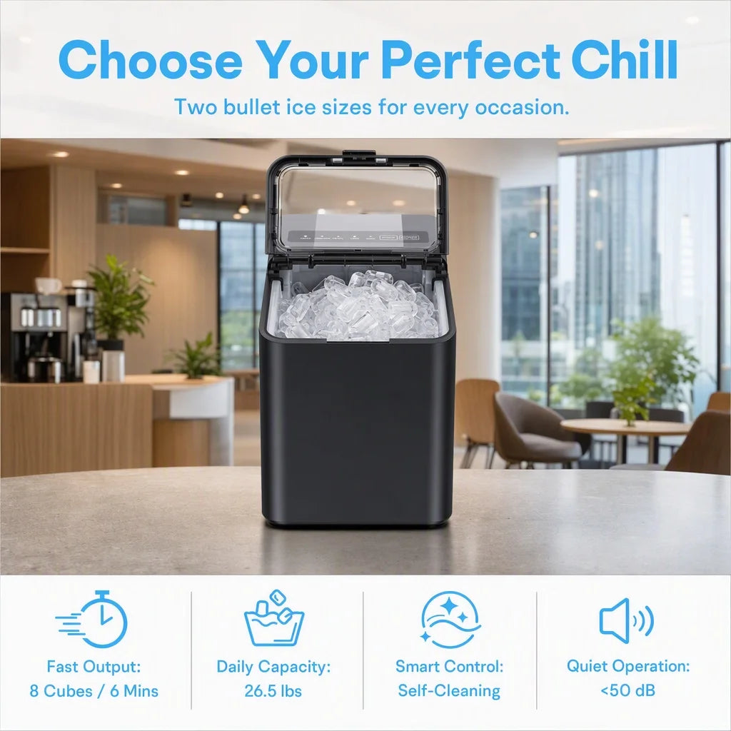 Ice Maker Countertop, 8 Ice Cubes in 6 Mins, 26.5 Lbs/24H, 2 Bullet Ice Sizes, Self-Cleaning Bullet Ice Maker, Portable Ice Machine for Kitchen, Party, Office, and RV Camping