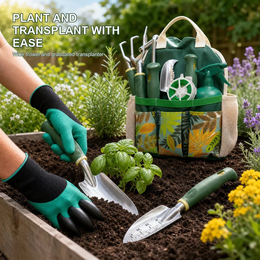 16 Piece Garden Tool Set Aluminum Alloy Gardening Hand Tools Kit with Floral Tote Bag Gloves Spray Bottle Plant Labels Twist Tie Trowel Transplanter Weeder Cultivator Hand Fork and Pruning Shears for Planting Weeding Pruning