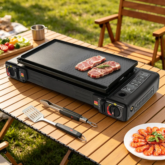 Portable Camping Stove Dual Burners Baking Tray And Carrying Case