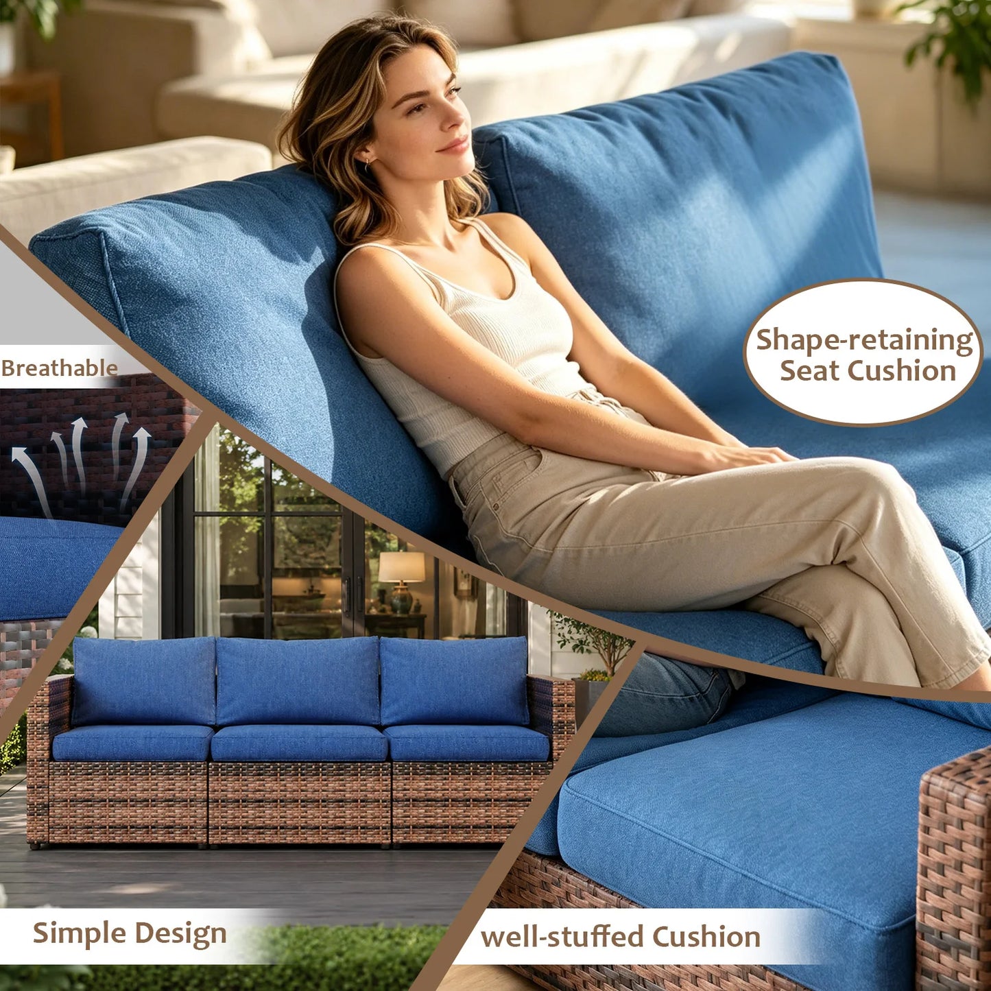 Outdoor Patio Furniture Set, 3-Seat PE Rattan Patio Furniture Sofa with Adjustable Feet & Thick Blue Cushions, All Weather Anti-slip Outdoor Furniture Couch, Durable Outdoor Patio Furniture Set for Poolside, Garden & Backyard