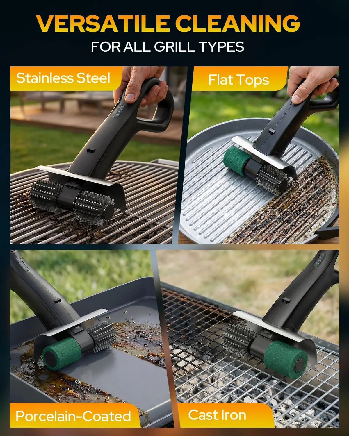 2026 Electric Grill Brush with 2 Brush Heads, 800RPM 25kgf High Torque BBQ Cleaner, 3500mAh Battery, 180 Mins Long Runtime, Extended Handle, Works as Grill Scraper for Tough Grease