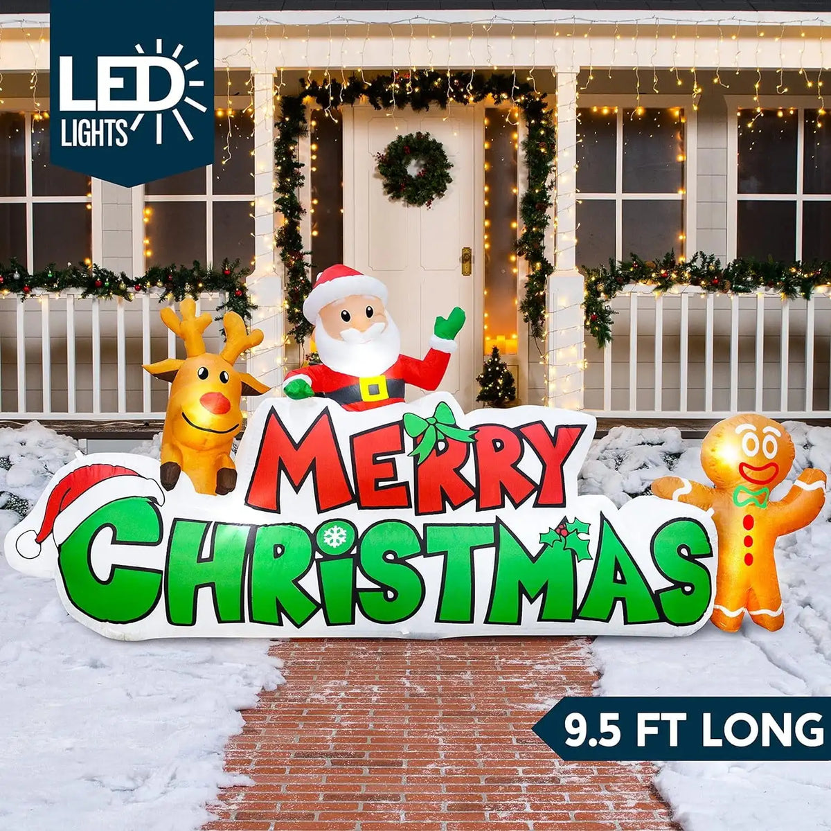 Christmas Inflatable Sign With Santa Reindeer And Gingerbread Yard Decor