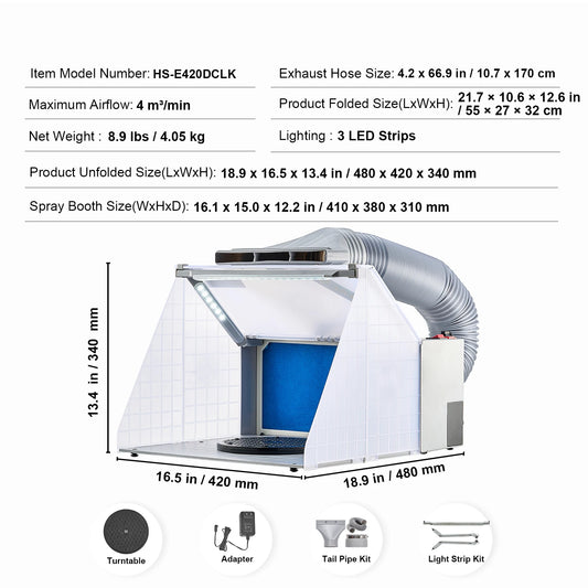 Portable Airbrush Spray Booth With Dual Fans LED Exhaust Hose