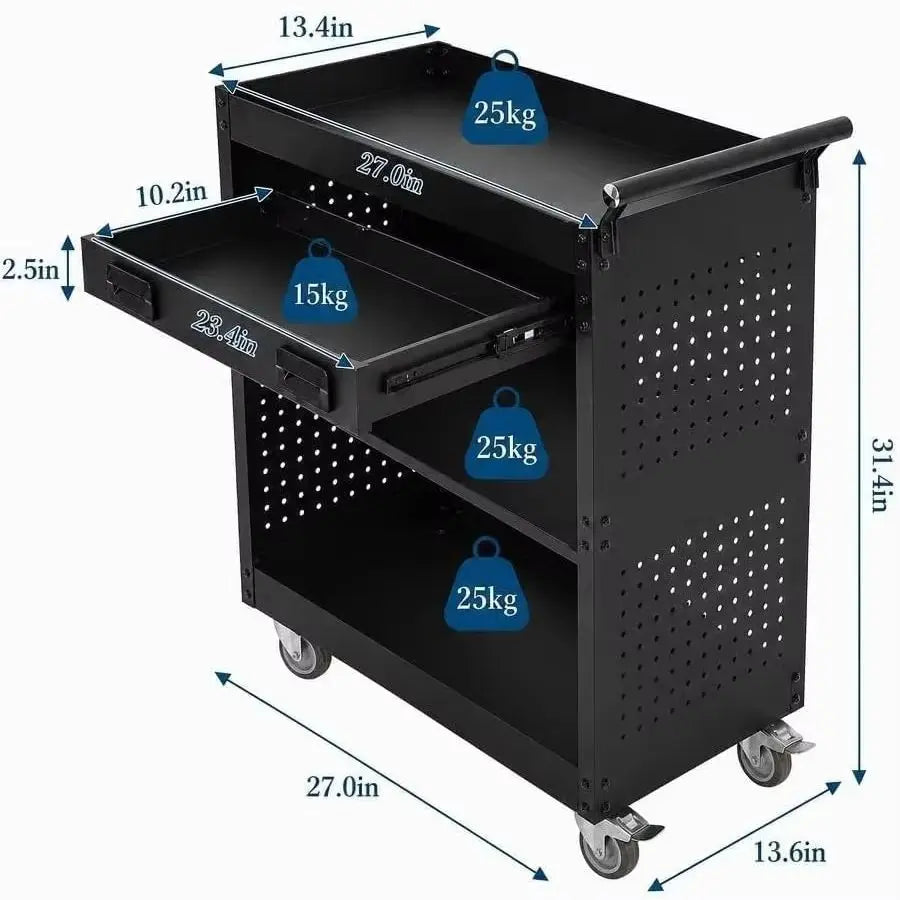 Three Tier Steel Rolling Tool Cart With Locking Casters