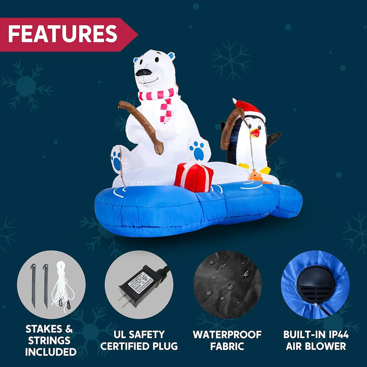 Joyfy Christmas Inflatable Polar Bear Fishing With Penguin LED Decor