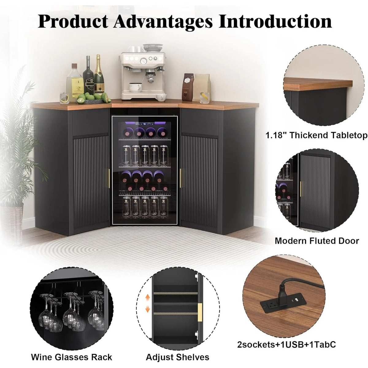 XIUWO Corner Bar Cabinet With Fridge Space Home Beverage Station