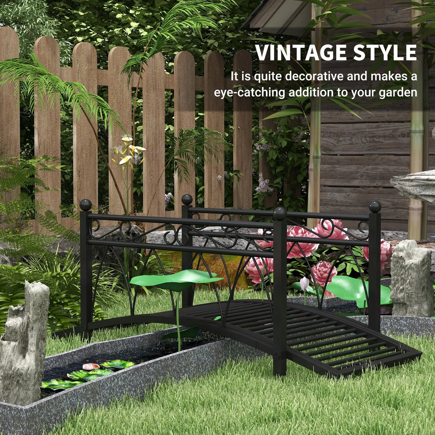 3.3' Metal Garden Bridge, Safety Railings, Spheres, Scrollwork for Pond, Stream