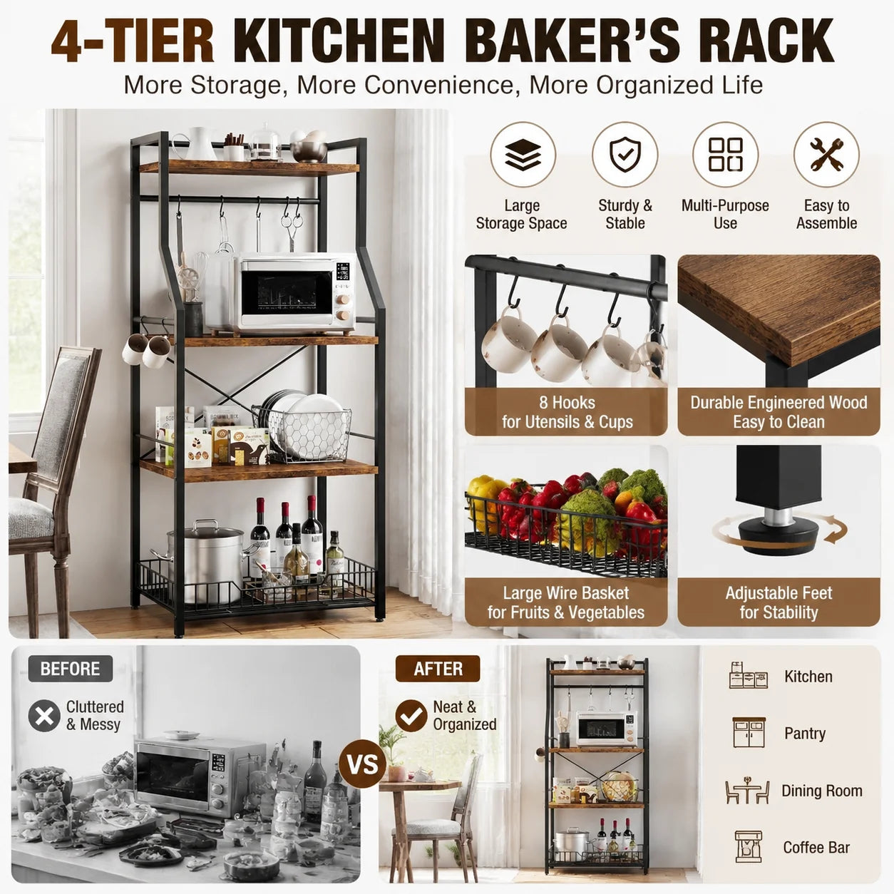 Freestanding Kitchen Baker Rack With Four Tier Steel Storage Shelf
