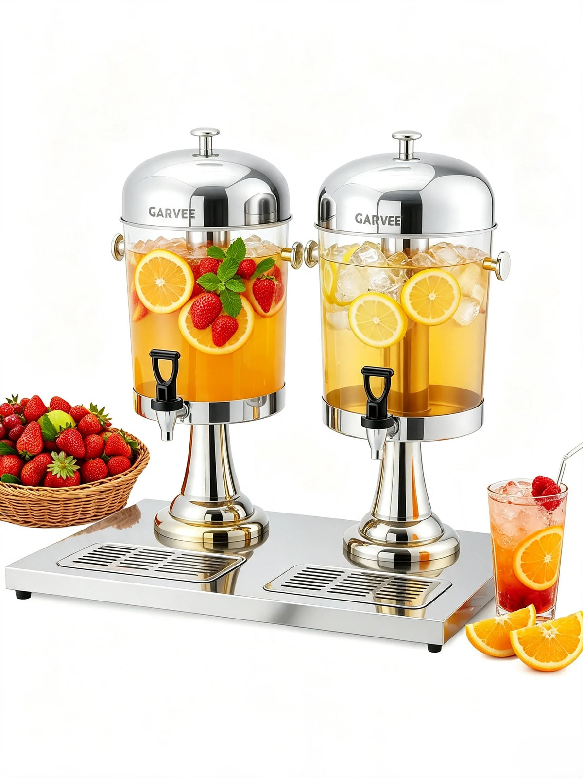 Tacleekii 2.2gal-6.6gal Commercial Drink Dispenser with Ice Core Stainless Steel Beverage Dispenser with Stand, Spigot & Drip Tray for Cold Juice Iced Tea Parties & Weddings