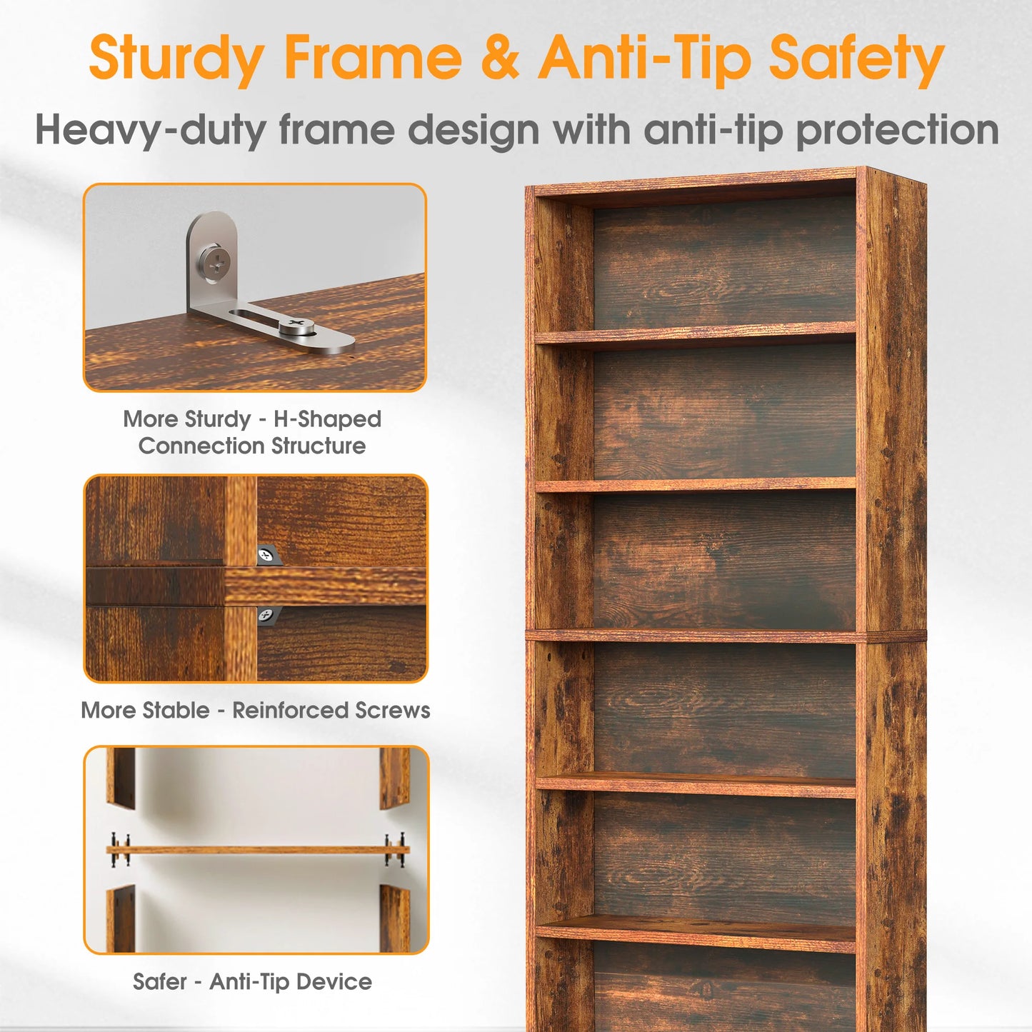 MCQ 6 Tier Wooden Bookcase Adjustable Open Storage Shelf