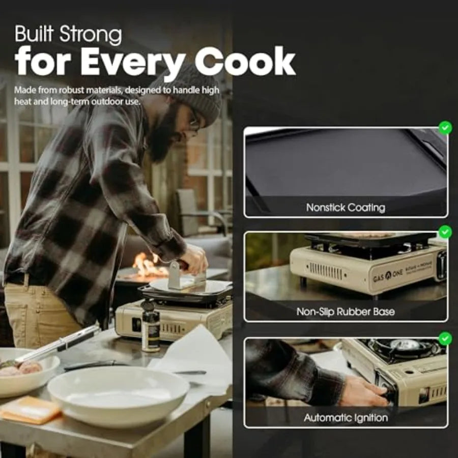 GasOne GS-3400P-KIT Propane or Butane Gas Flat Top Griddle Included Dual Propane Grill Tent Burners for Cooking for Camping, Ki
