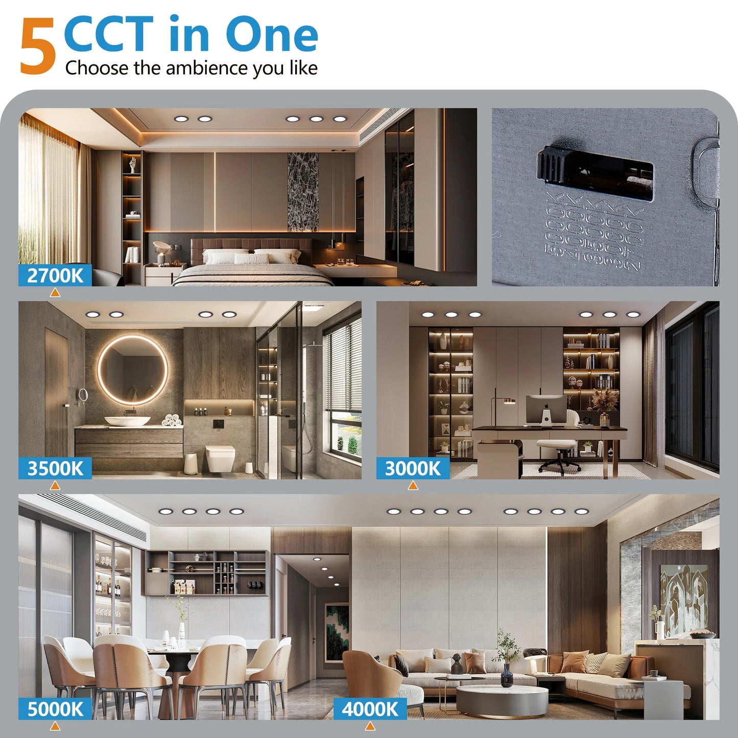 Dimmable 5CCT LED Recessed Ceiling Light With Integrated Night Light