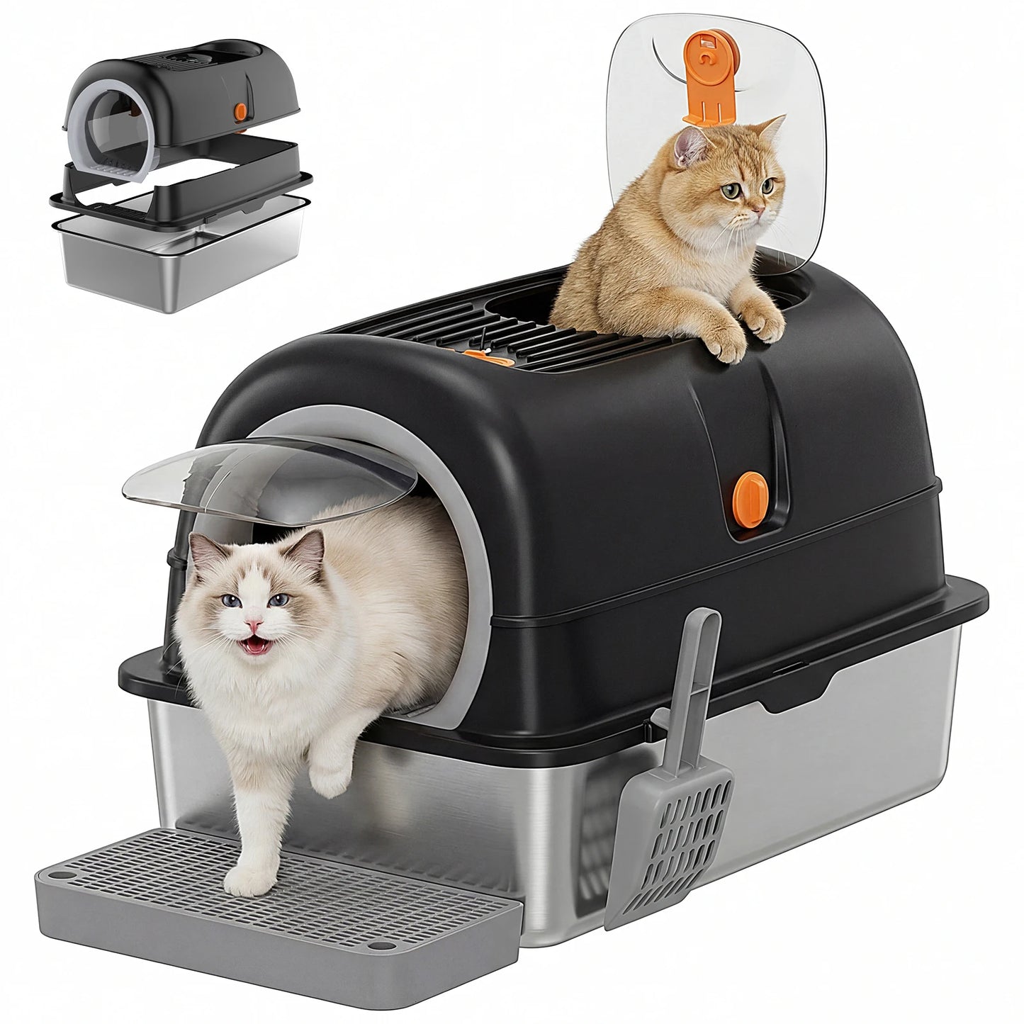 Stainless Steel Fully Enclosed Cat Litter Box With Scoop