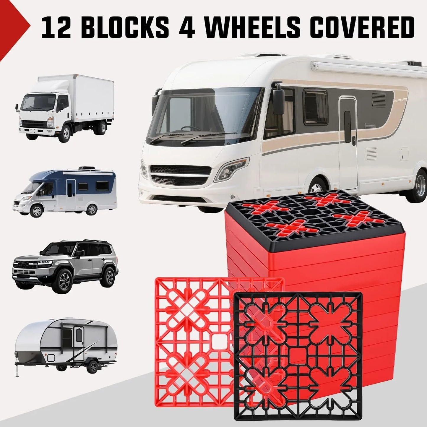 Nilight RV Leveling Blocks 12 Pack Interlocking Design Stabilizer Block Anti-Slip Rubber Covers Customizable Height with Carrying Bag for RV Camper Travel Trailer, Adjustable Camper Stabilizer Blocks for Motorhome Trailer Tir