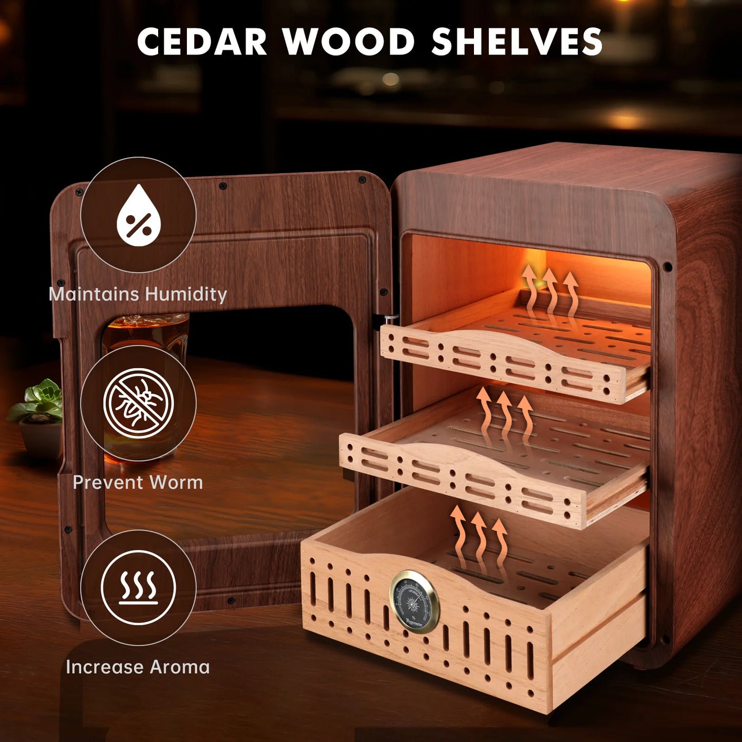 XIFEI Desktop Cigar Humidor With LED Lighting And Cedar Shelves
