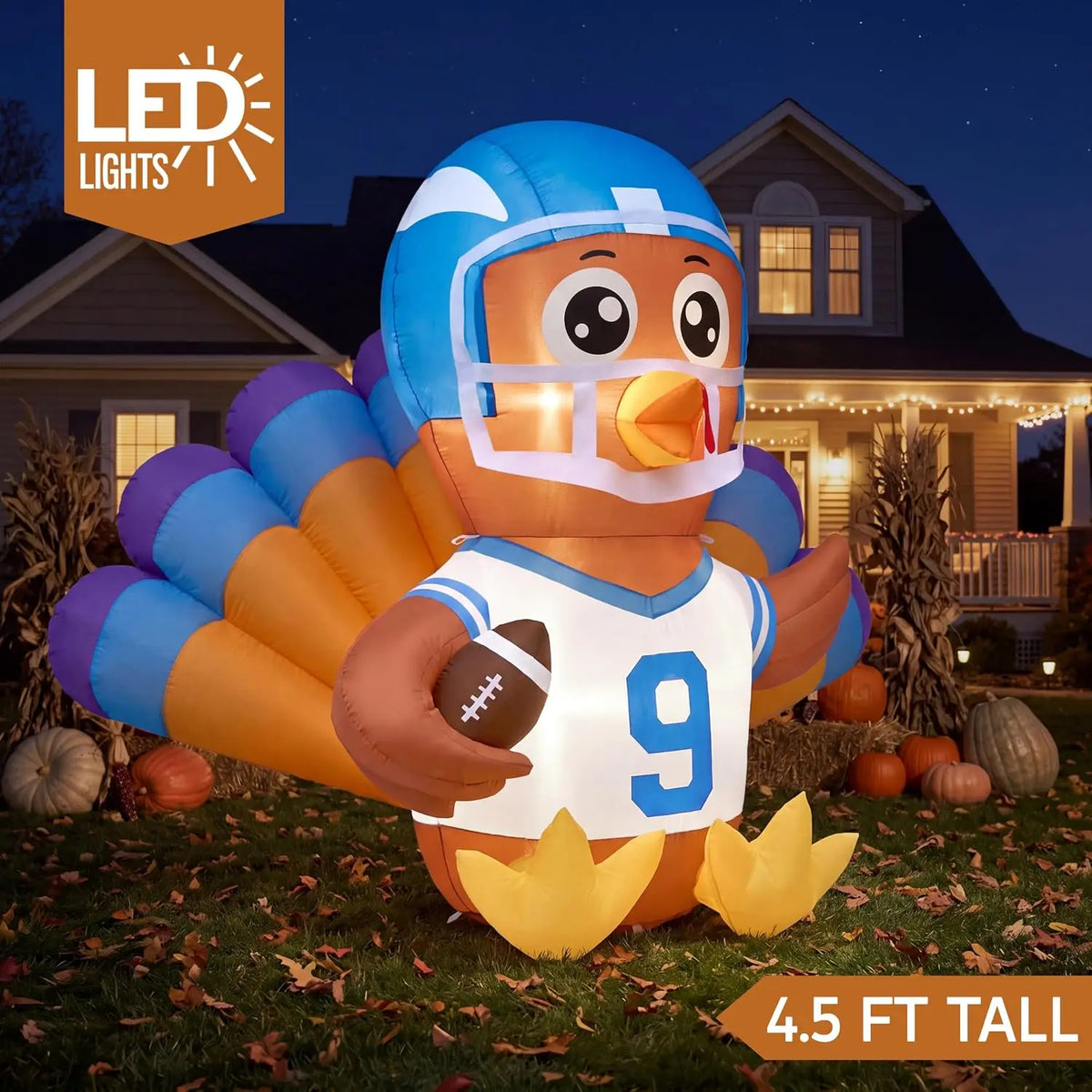Joyfy Light Up Thanksgiving Turkey Inflatable With Football Outdoor Decor