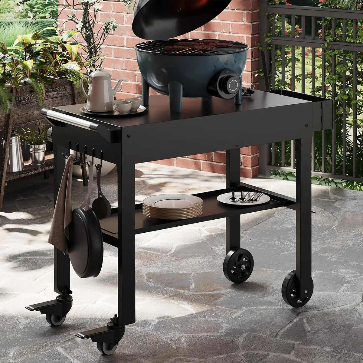 Tacleekii Folding Grill Cart With Locking Wheels and Prep Table