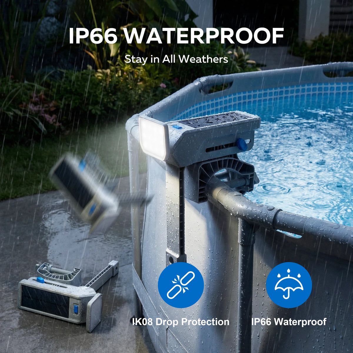 Joybach Solar LED Pool Light 1500mAh IP66 Waterproof Auto On Clamp Lamp for Above Ground Pool Garden Fence Patio Lighting