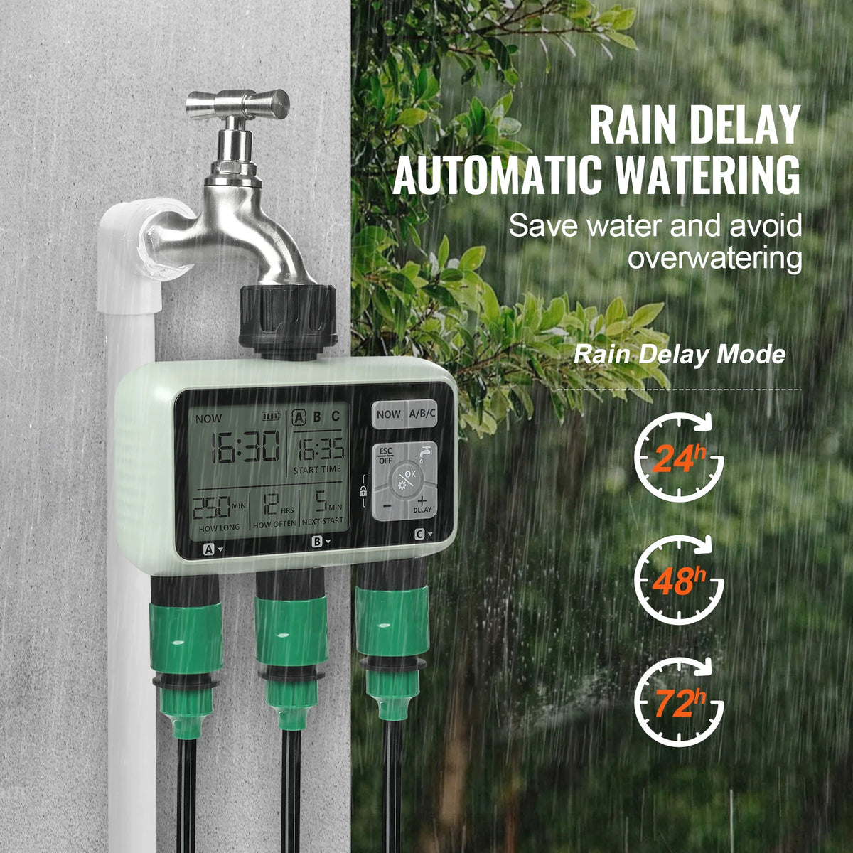 SucceBuy 3 Outlet Water Timer LCD Display Rain Delay Mode