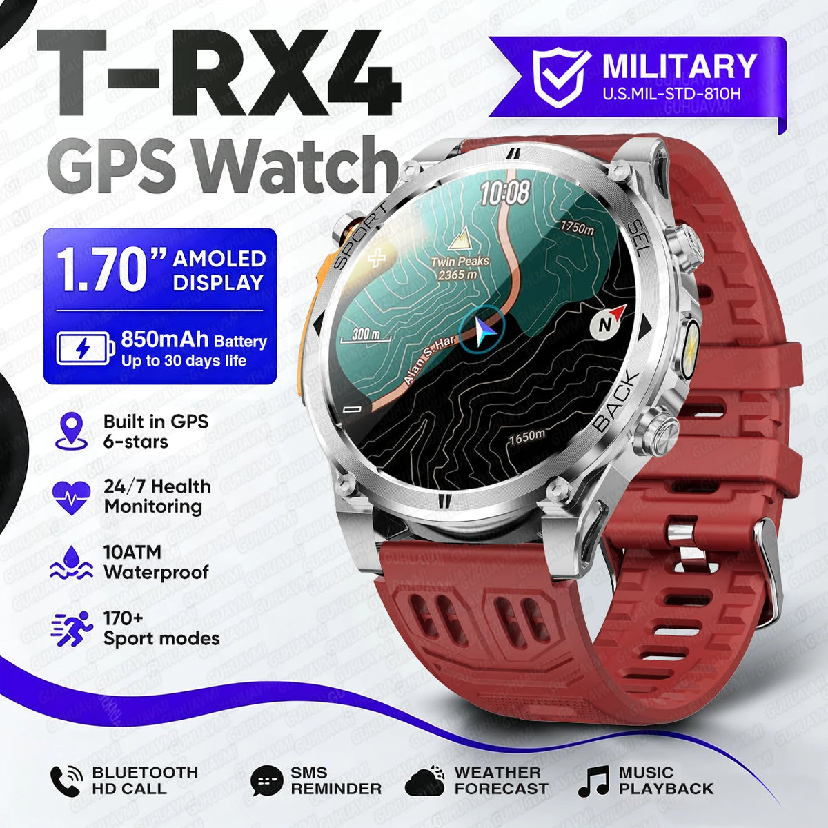 T-RX4 Rugged Outdoor GPS Smartwatch with Compass Altimeter and Barometer