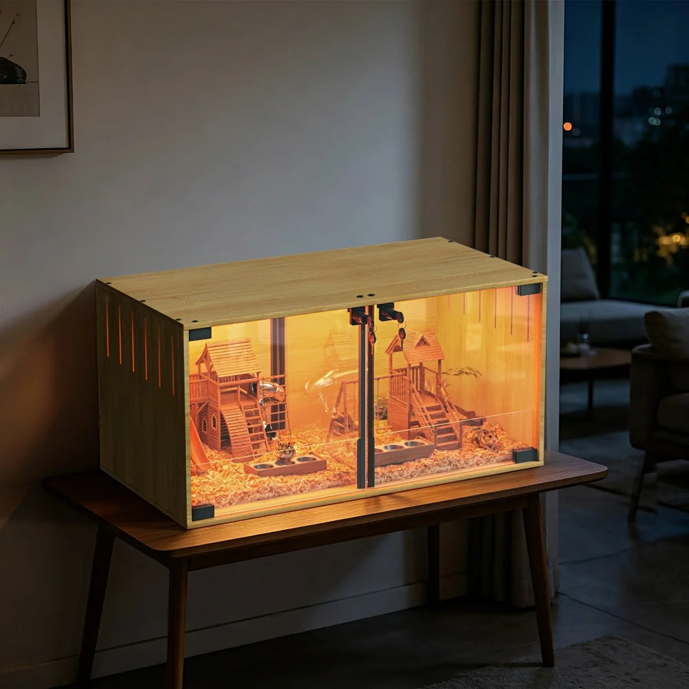Wooden Hamster Cage Chew Proof Enclosure With Removable Divider