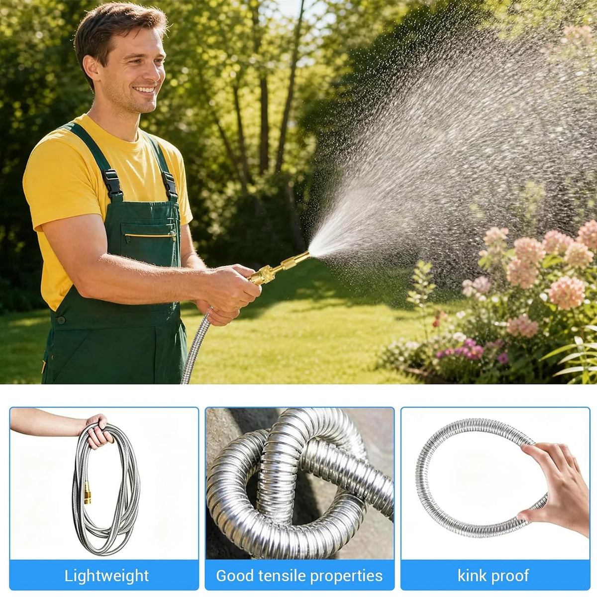 HiMISS Heavy Duty Stainless Steel Garden Hose With Brass Nozzle