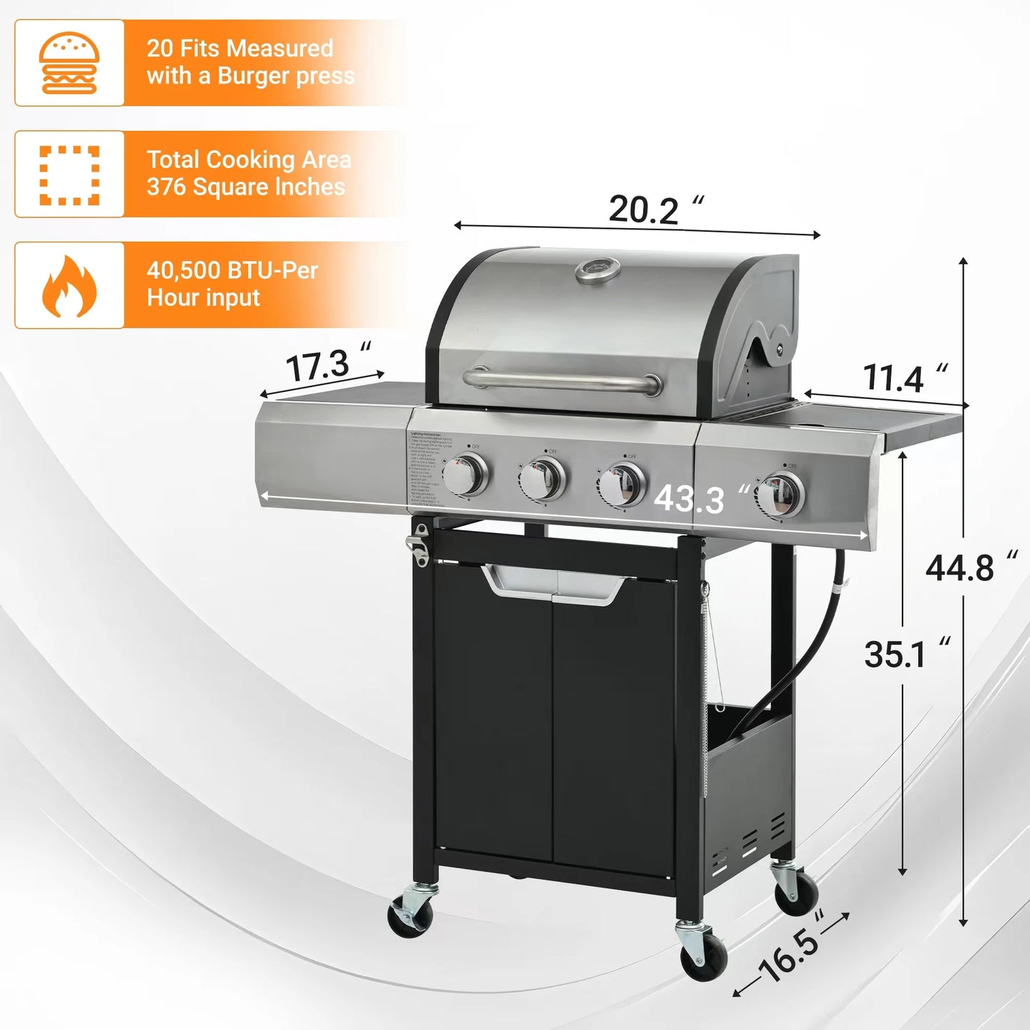 Stainless Steel Propane Grill 3 Burner Gas Grill with Side Burner for Outdoor BBQ Camping