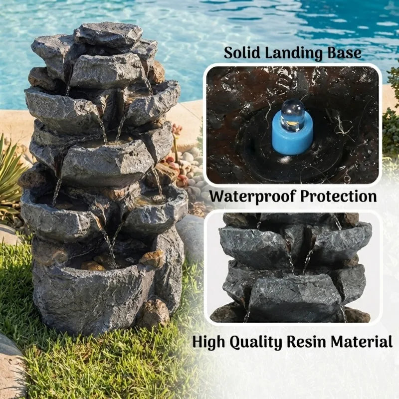 Cascading Rock Water Fountain With LED Lights For Outdoor Patio