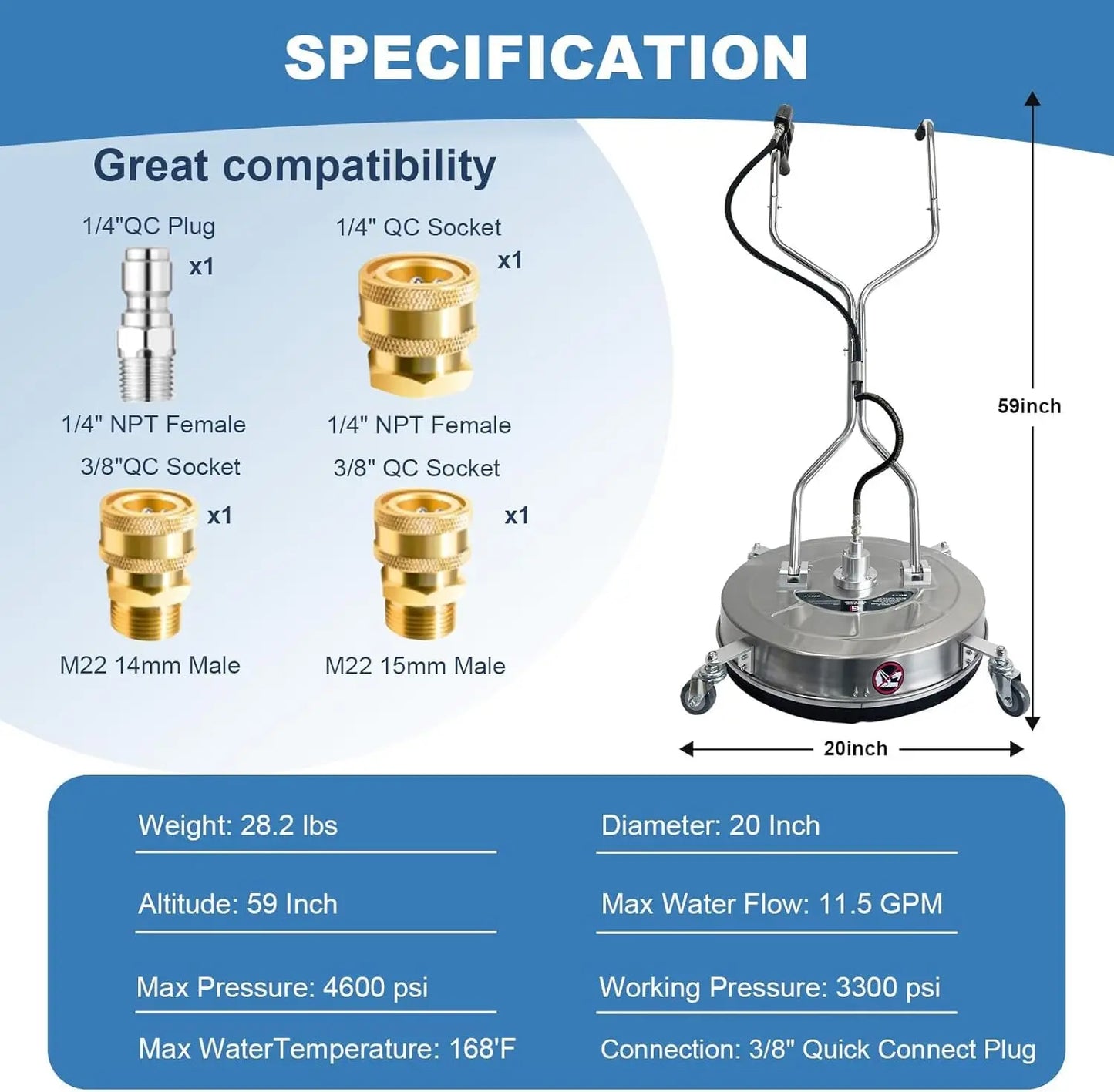 20" Pressure Power Washer Surface Cleaner 4600PSI with 4 Wheels & Dual Handles 3/8" Quick Connect for Concrete Driveway Sidewalk