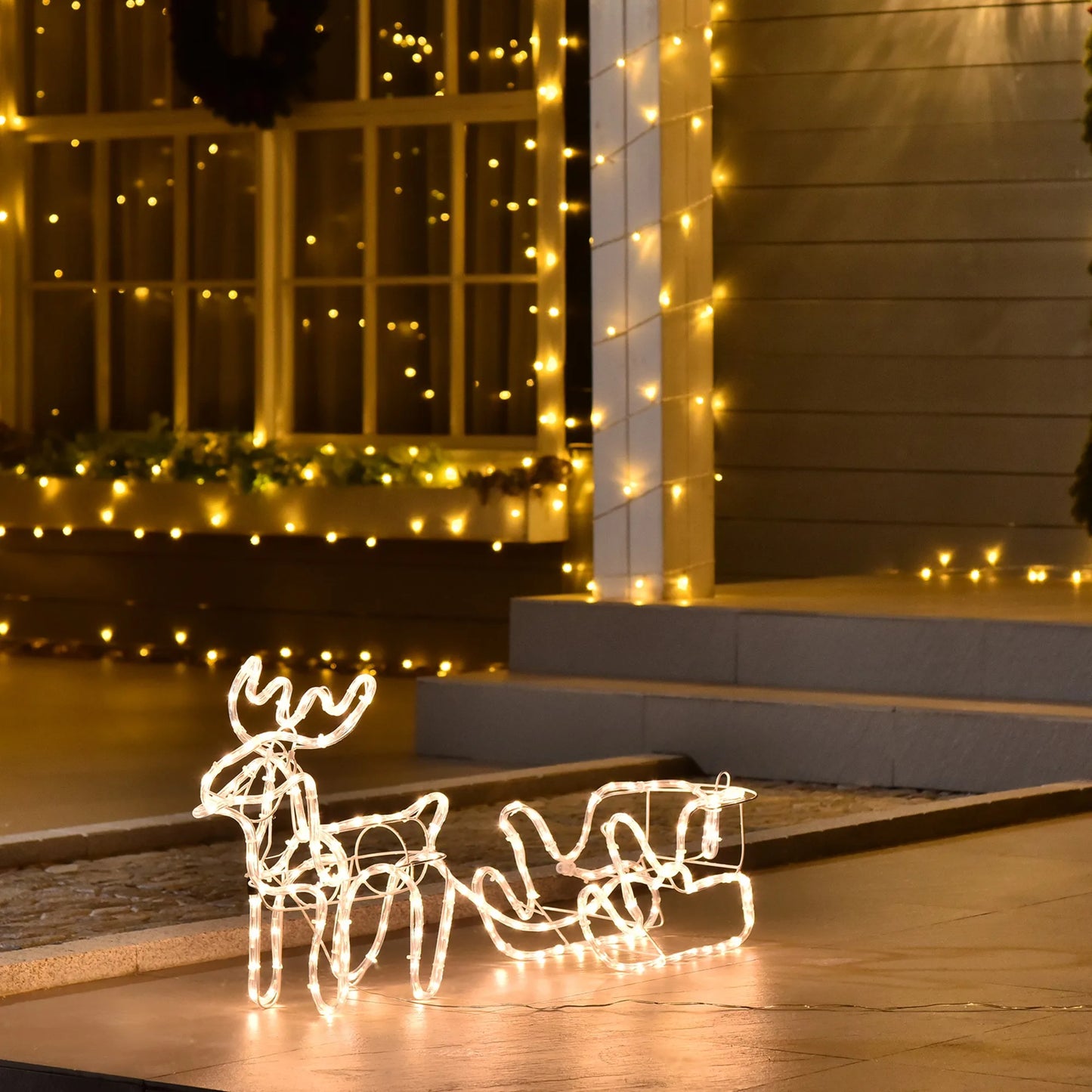 Christmas Reindeer And Sleigh Yard Decoration With LED Lights