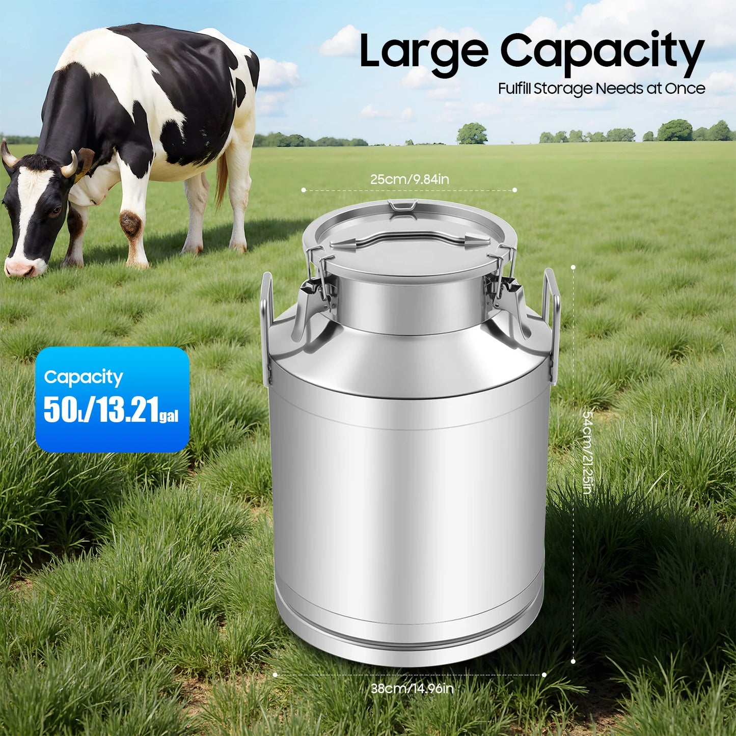 Bymaocar Stainless Steel Milk Can With Triple Locking Lids