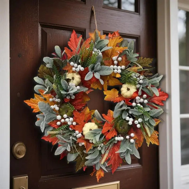 Autumn Thanksgiving Pumpkin Maple Leaf Wreath for Front Door Decor