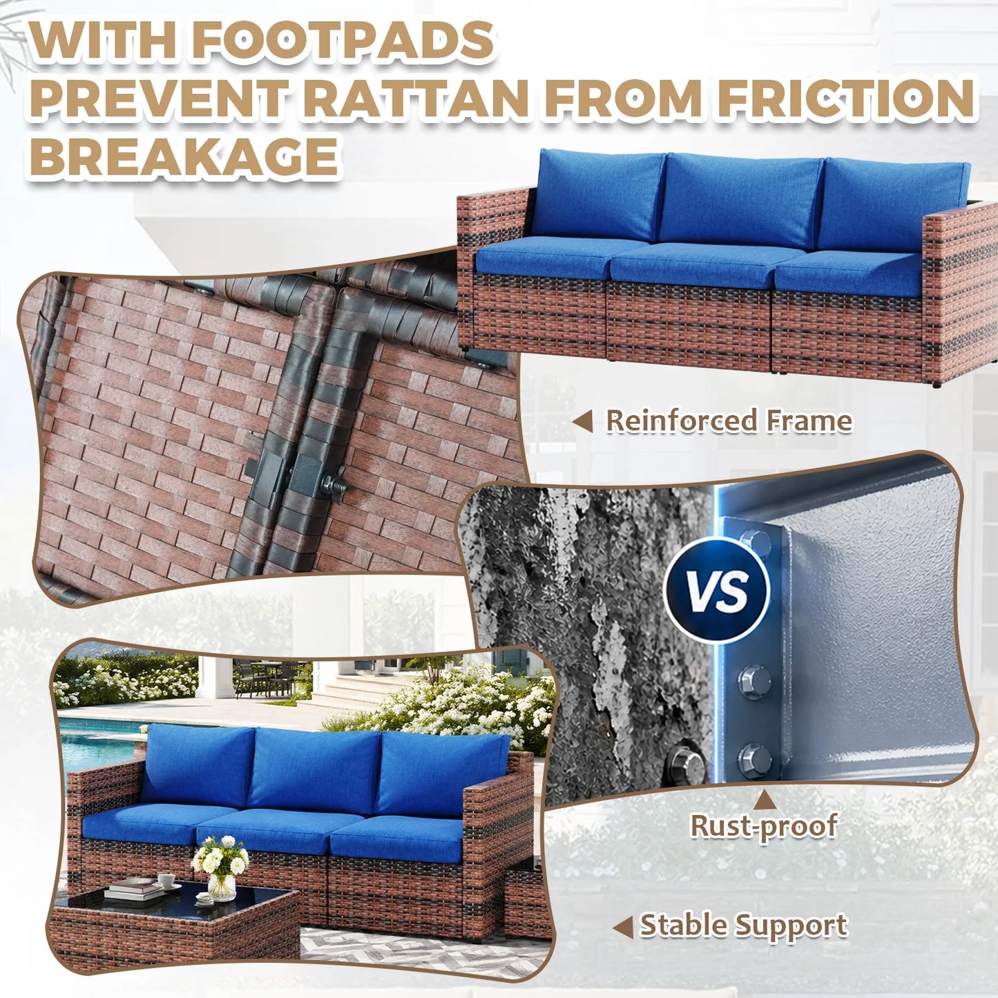 Outdoor Patio Furniture Set, 3-Seat PE Rattan Patio Furniture Sofa with Adjustable Feet & Thick Blue Cushions, All Weather Anti-slip Outdoor Furniture Couch, Durable Outdoor Patio Furniture Set for Poolside, Garden & Backyard