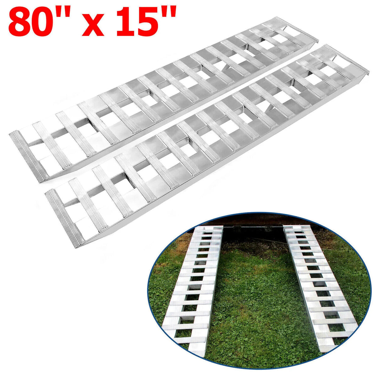 80"×15" Aluminum Ramps 2 Pcs 6000Lbs Car Trailer Truck Hook End Knife 1 Pair