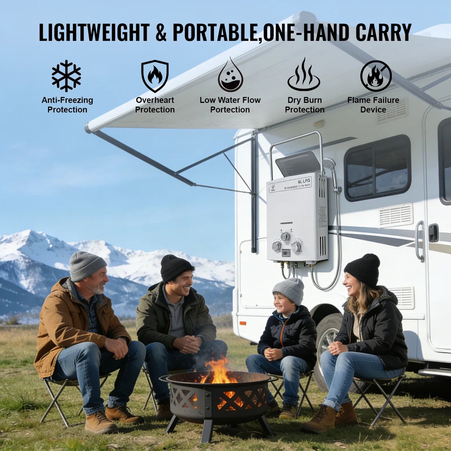 SIHAO 6L Instant Gas Water Heater with Digital Display — Portable Tankless LPG Heater for Outdoor Camping, Car Travel, RV, and Home Bathroom Hot Water Supply