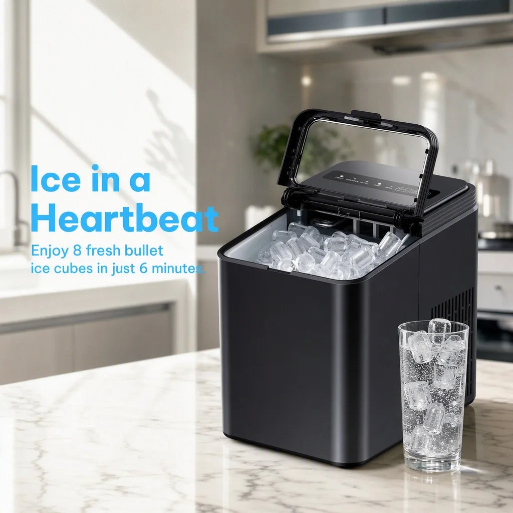 Ice Maker Countertop, 8 Ice Cubes in 6 Mins, 26.5 Lbs/24H, 2 Bullet Ice Sizes, Self-Cleaning Bullet Ice Maker, Portable Ice Machine for Kitchen, Party, Office, and RV Camping