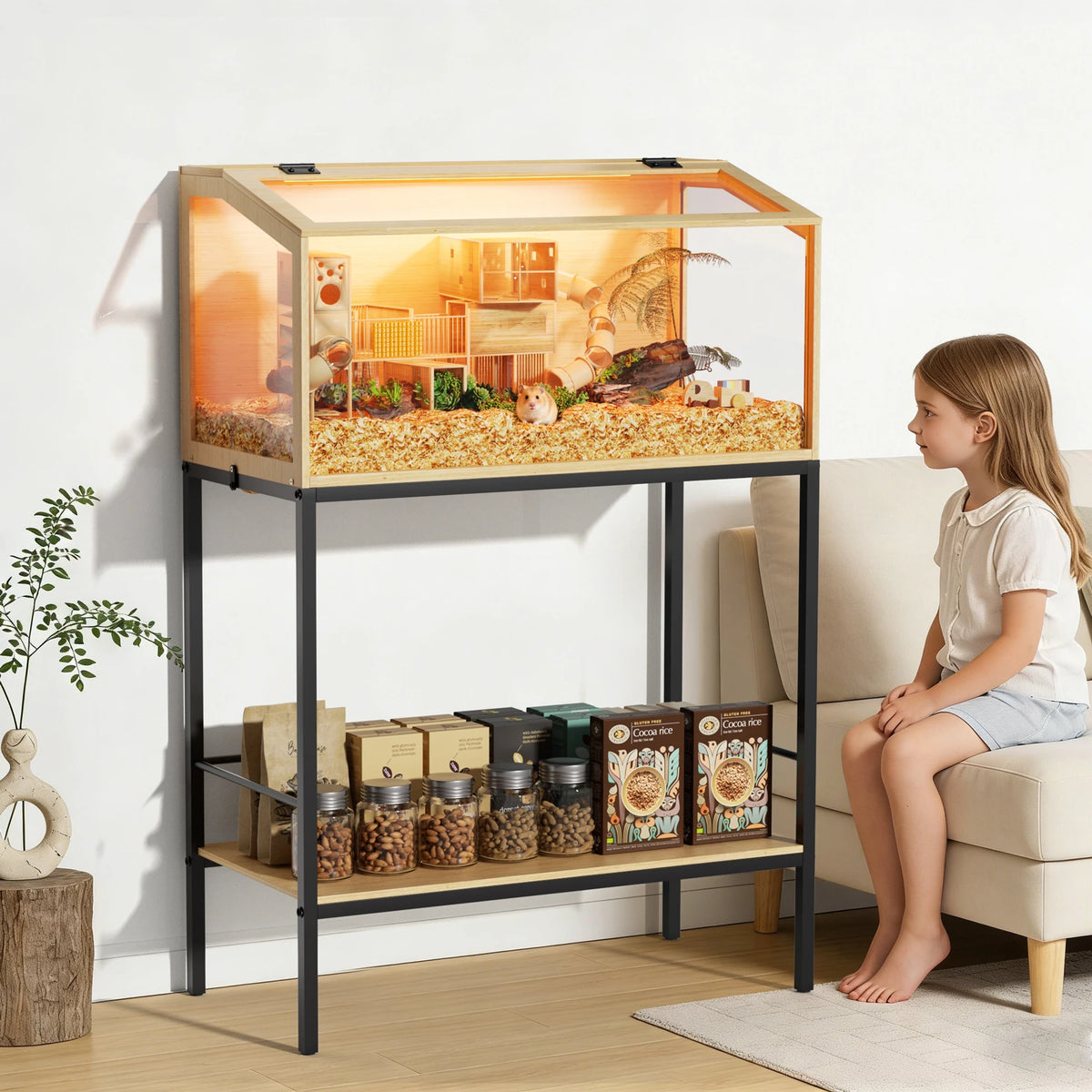 Wooden Hamster Cage With Tempered Glass Front And Storage Rack