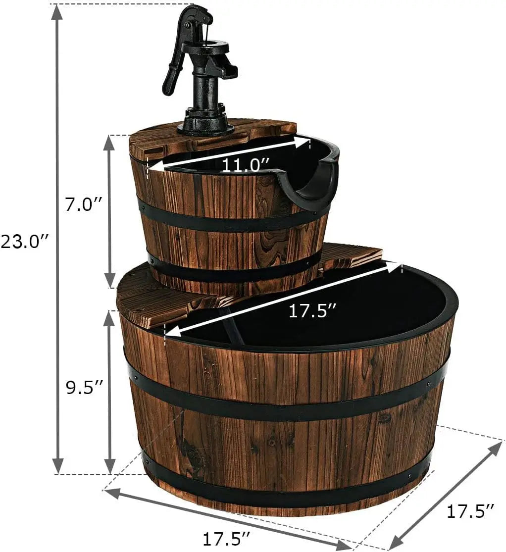 Two Tier Wooden Barrel Waterfall Fountain With Electric Pump