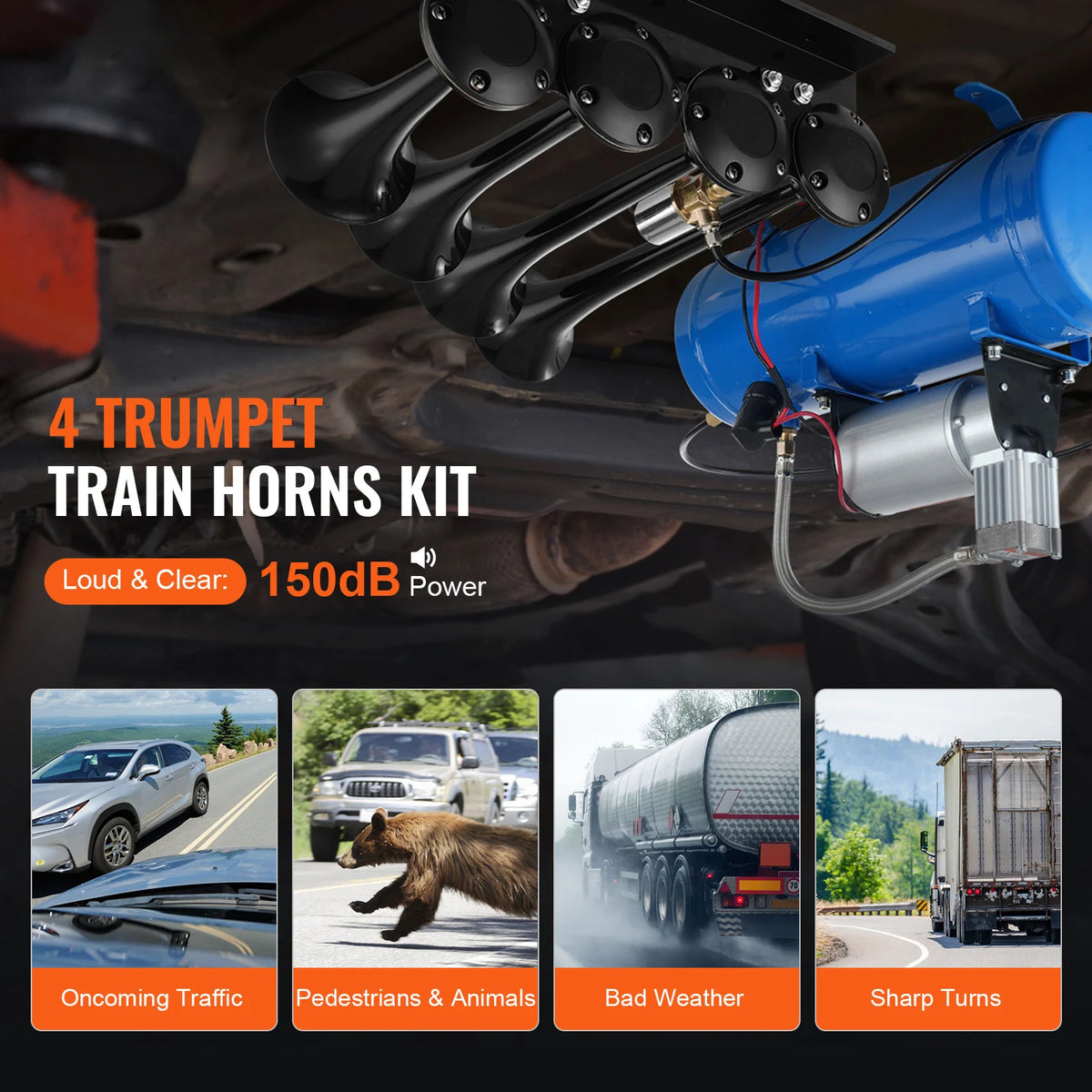 SucceBuy Train Horns Kit 4 Trumpet Air Horn Kit 150dB Train Horns 12V Air Compressor with 3/6/10L Tank, for Pickup Trucks Train