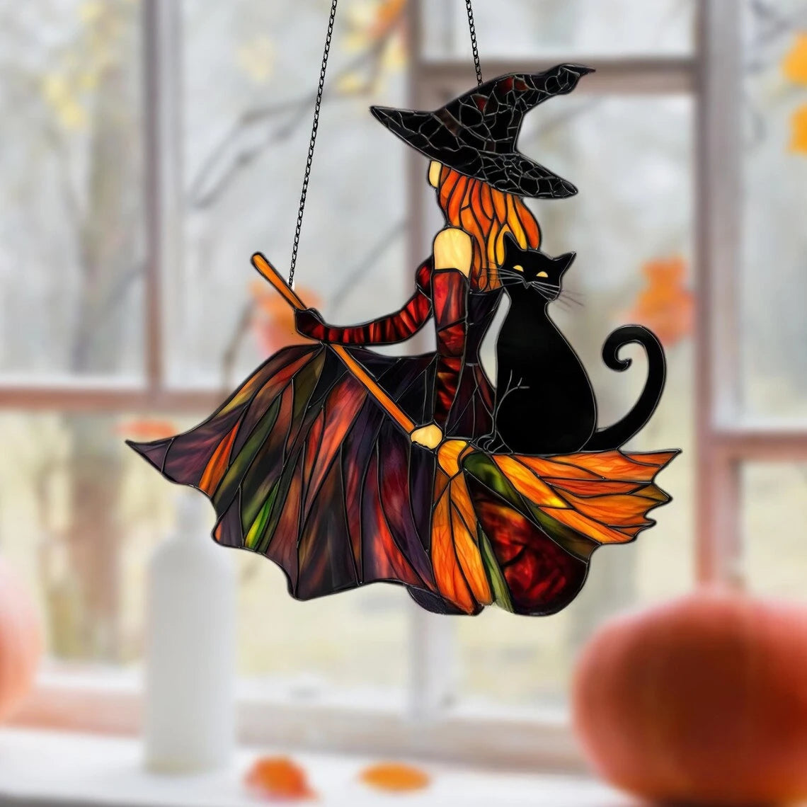 Acrylic Witch Ghost Black Cat Stained Glass Window Suncatcher