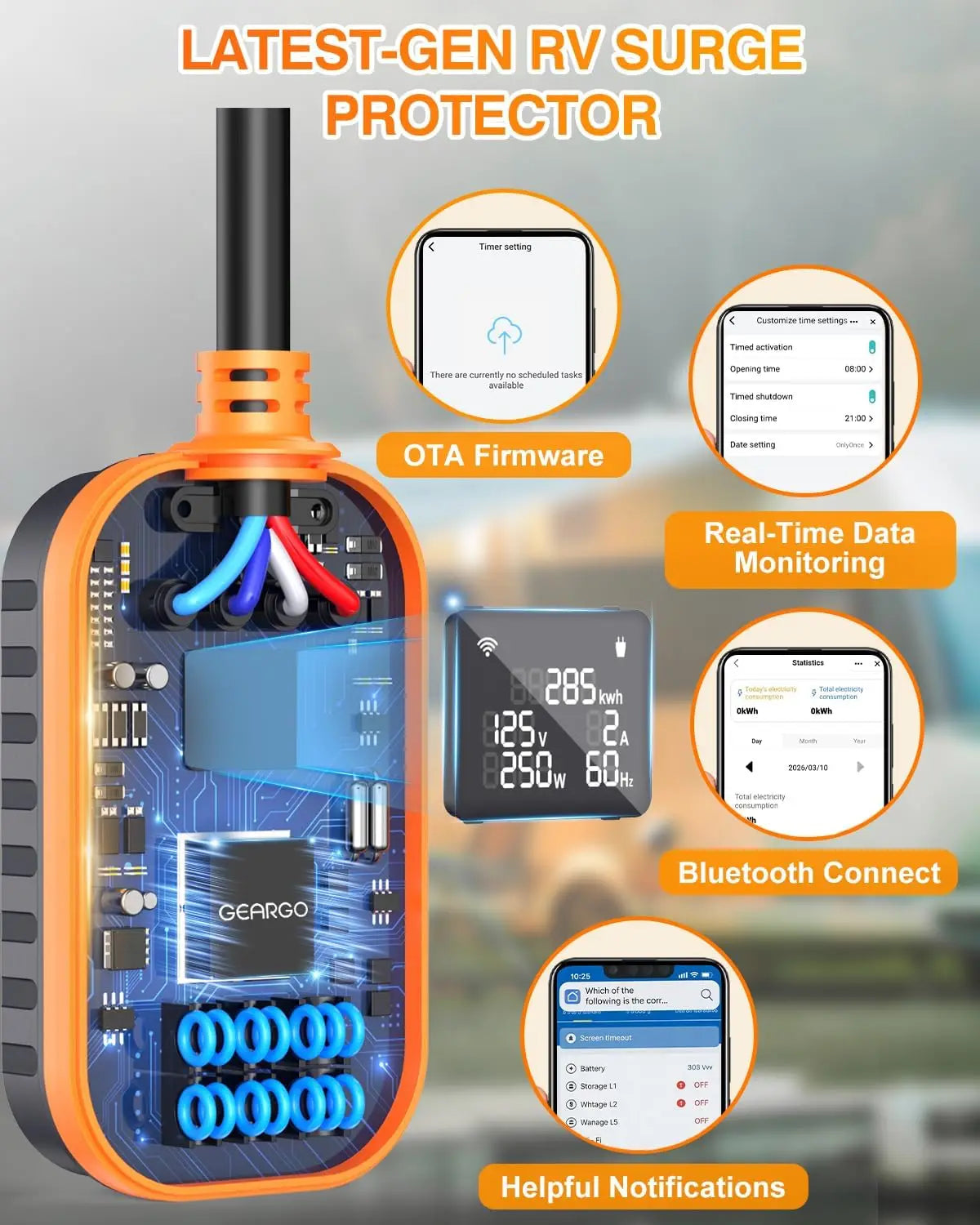 2026 New-Gen RV Surge Protector 30 amp with Bluetooth & APP, 15000J Circuit Analyzer with Large LED Screen, Real-Time Monitoring, IP68 Waterproof with Protective Cover for RV Camper Travel Trailer