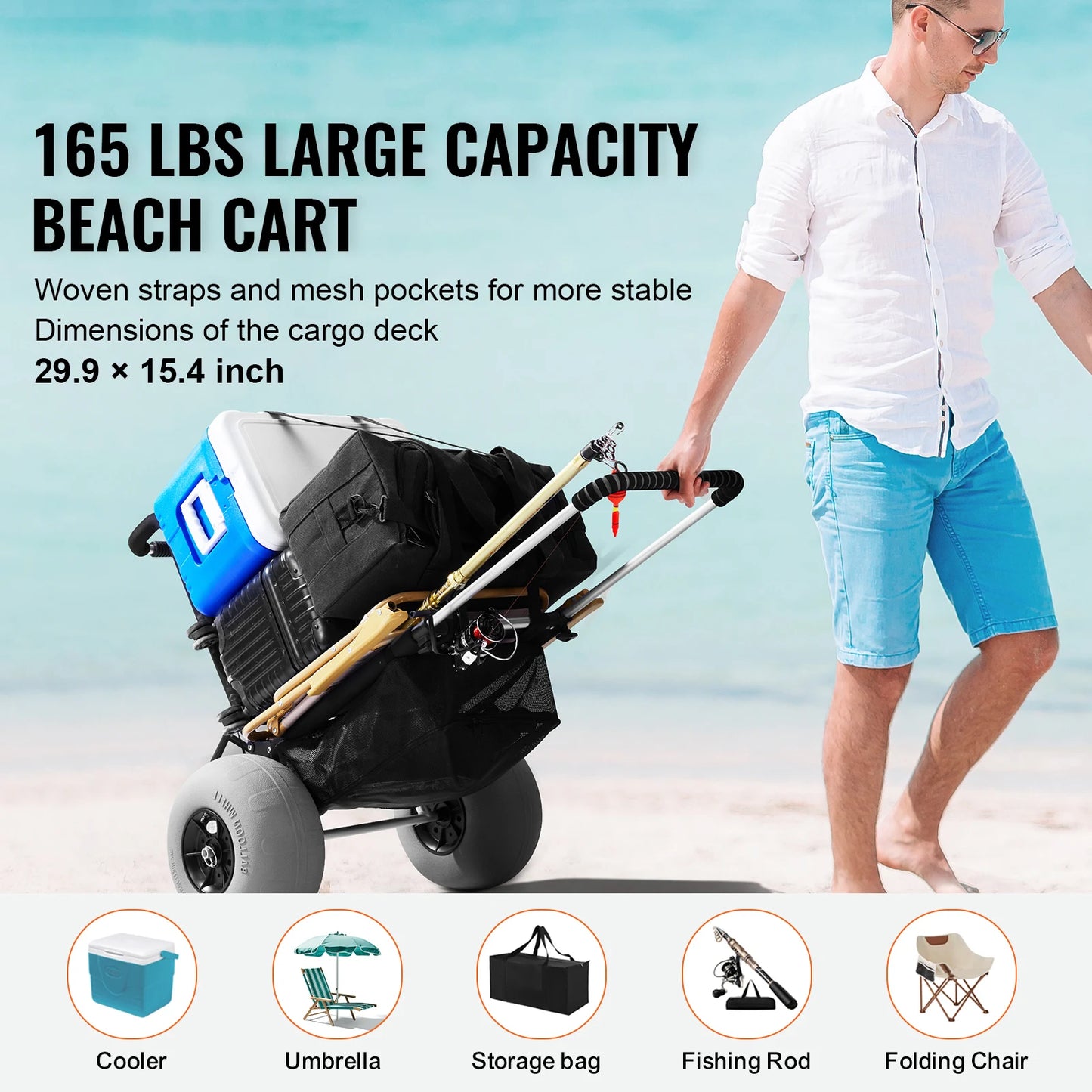 SucceBuy Folding Beach Cart With Large Balloon Wheels Cargo Deck